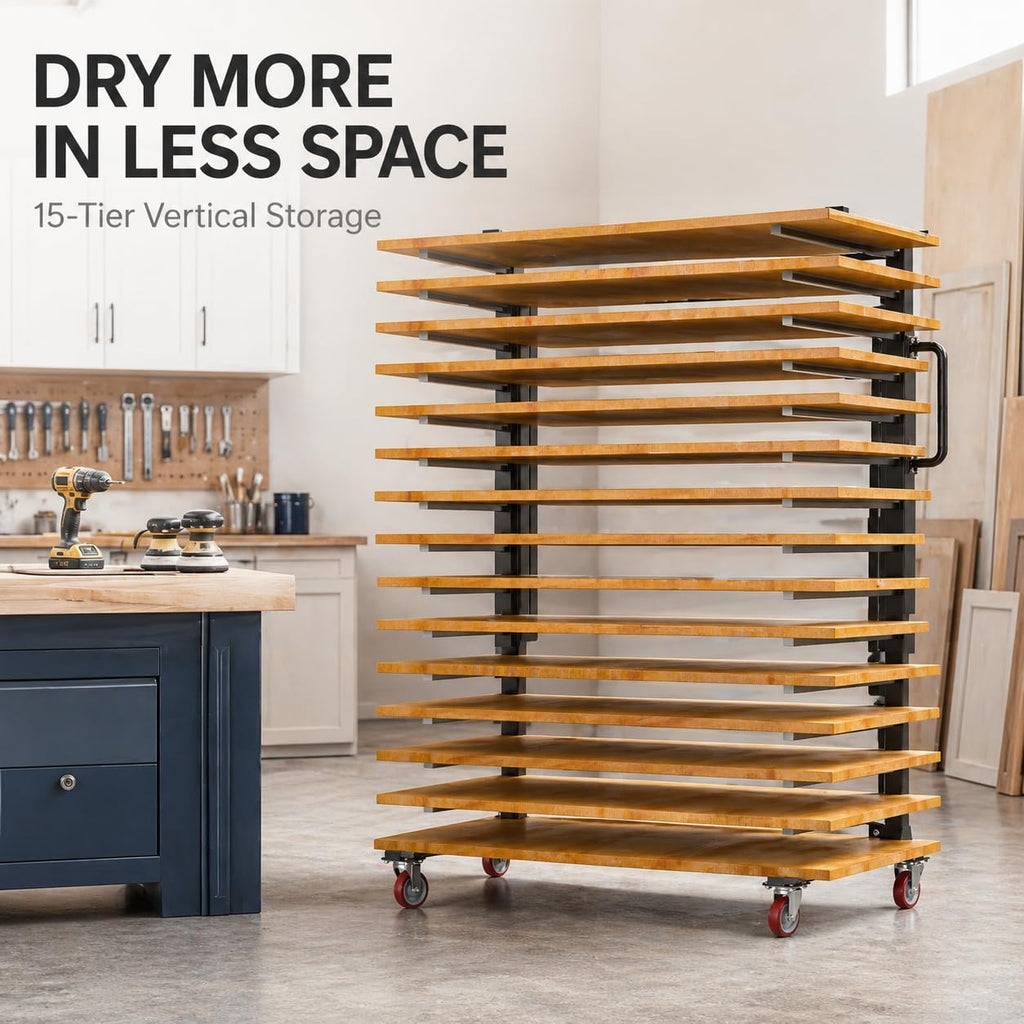 Paint Drying Rack,15-Tier Heavy-Duty Steel Drying Painting Rack for Cabinet Doors, Adjustable Width 12 to 58 Inch,110 lbs Per Shelf,Black Drying Rack with Lockable Wheels for Paint Shops