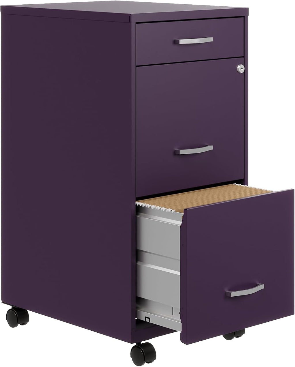 Hirsh Space Solutions 18" Deep Modern Mobile Metal Organizer File Cabinet with Cam Lock & Casters, 3-Drawer, Letter-Size, for Small Home/Home Office in Midnight Purple