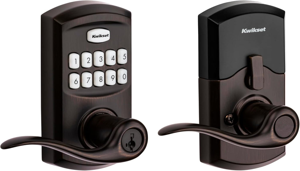 Kwikset SmartCode 917 Keypad Keyless Entry Traditional Residential Electronic Lever Deadbolt Alternative with Tustin Door Lever and SmartKey Security, Venetian Bronze