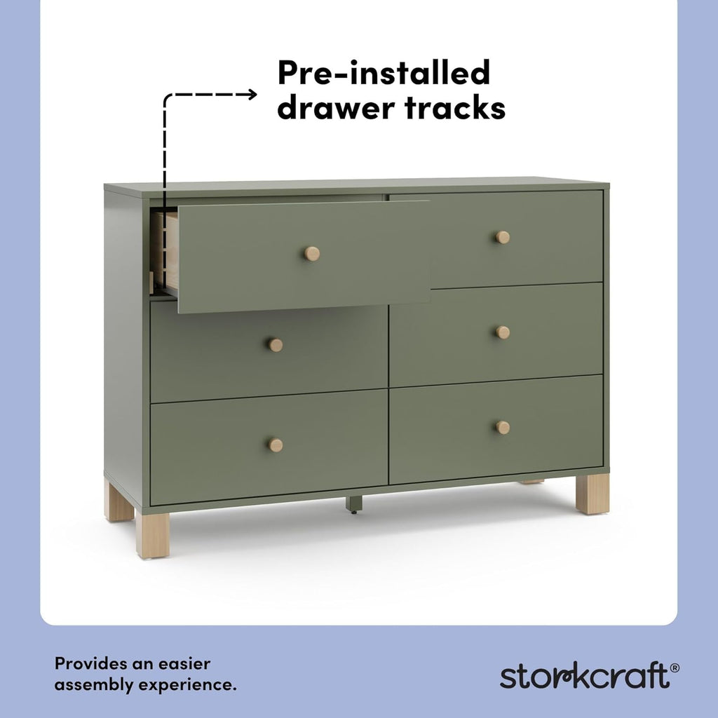 Storkcraft California 6-Drawer Double Dresser (Olive with Driftwood) - GREENGUARD Gold Certified, Interlocking Drawer System, Dresser Drawer Organizer for Kids Bedroom