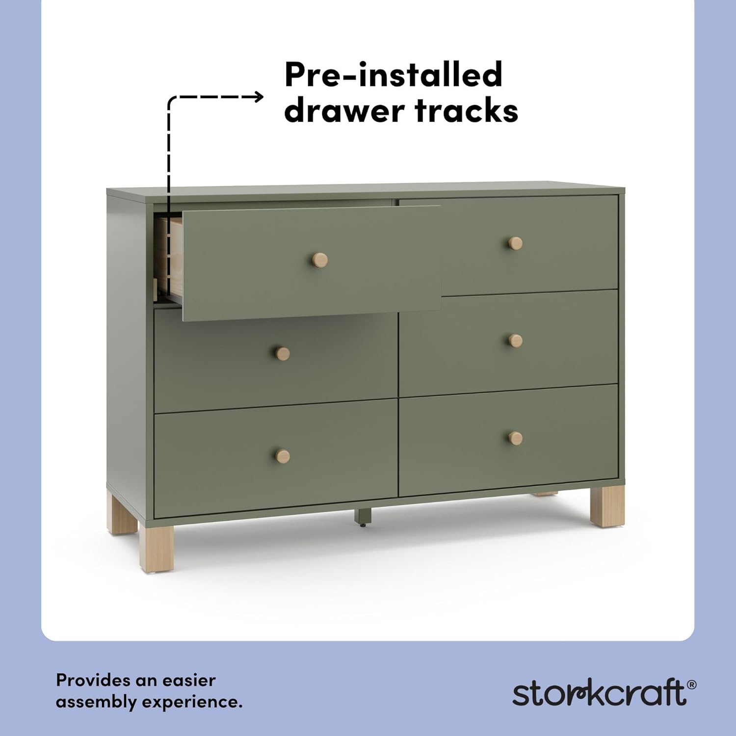 Storkcraft California 6-Drawer Double Dresser (Olive with Driftwood) - GREENGUARD Gold Certified, Interlocking Drawer System, Dresser Drawer Organizer for Kids Bedroom