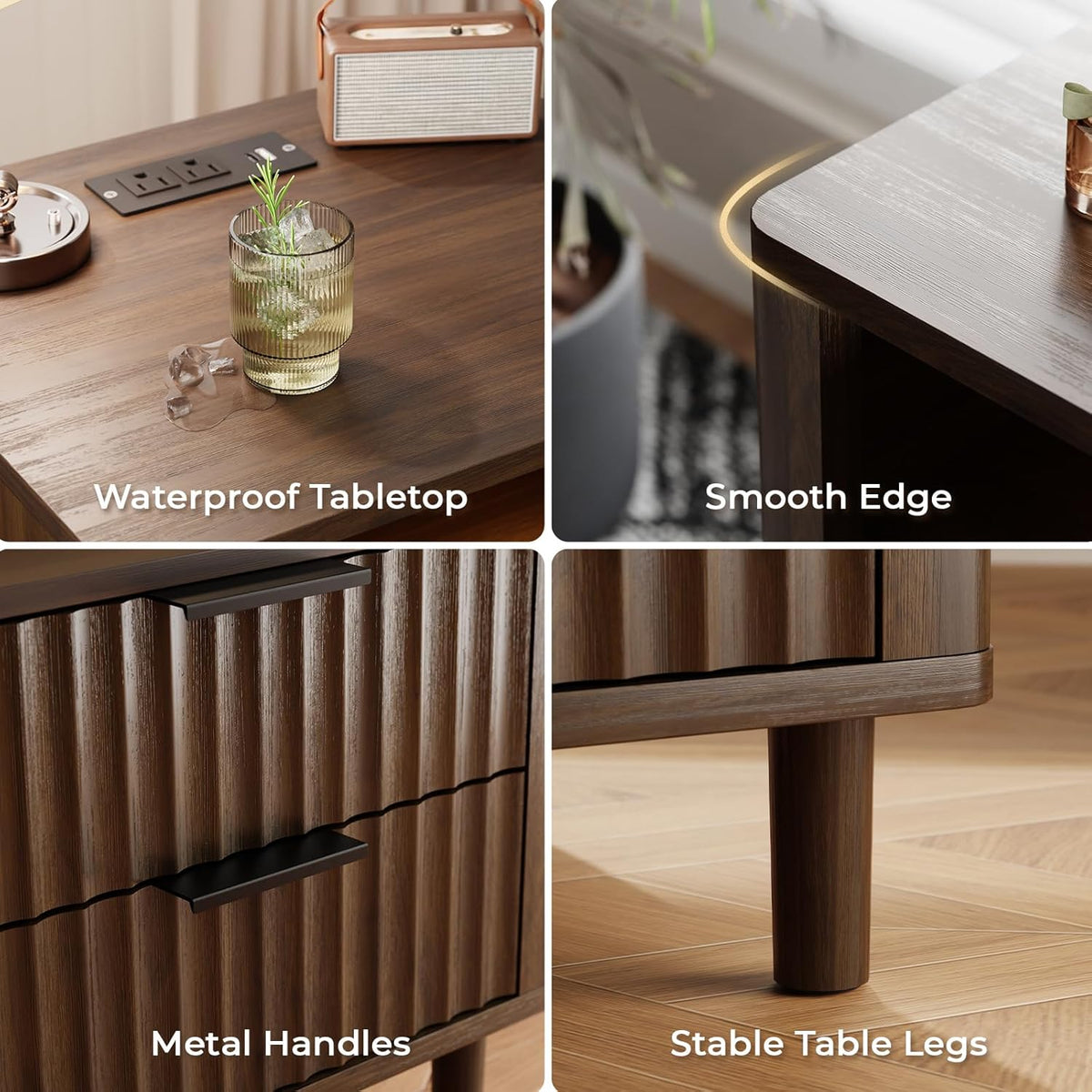 Fluted Nightstand with Charging Station, 2 Drawers Storage Bedside Table, Solid Wood Modern Nightstand with Open Shelf, Curved Profile Design, End Table for Indoor Room Bedroom Office, Walnut