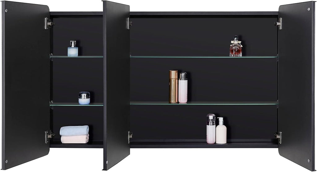 IDYLLOR Bathroom Mirror Medicine Cabinet with Round Corner Framed Door 48 x 30 inch, Black .Recessed or Surface Mount, with Adjustable Glass Shelves