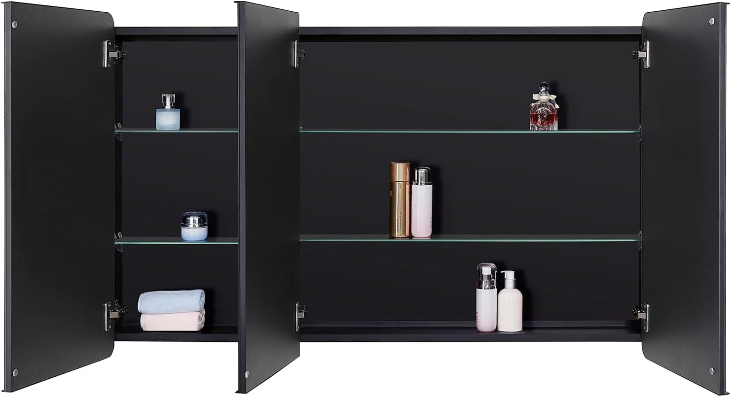 IDYLLOR Bathroom Mirror Medicine Cabinet with Round Corner Framed Door 48 x 30 inch, Black .Recessed or Surface Mount, with Adjustable Glass Shelves