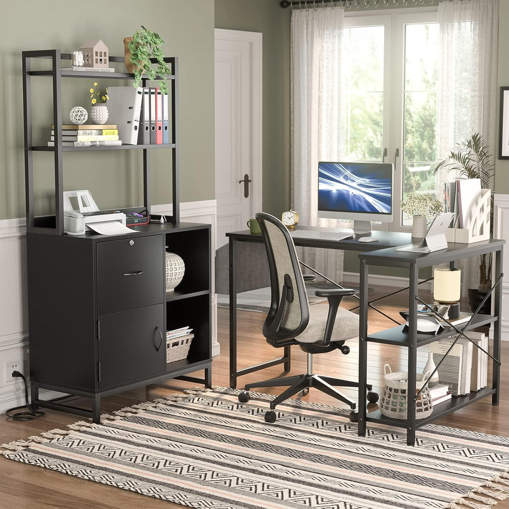 Homieasy Vertical Filing Cabinet with Bookshelf for Home Office, File Cabinet with Shelves, Lock & Charging Station, Drawer Office File Cabinets with Printer Stand, fits Letter Size, Black