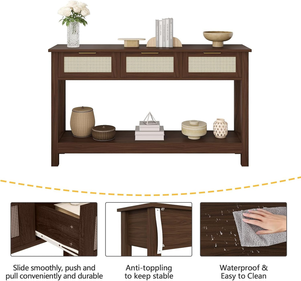 Luoxiao Console Table for Entryway with 3 Rattan Drawers Boho Entry Table with Storage Open Shelf, Narrow Long Sofa Tables for Living Room, Hallway, Foyer, Couch, Front Door, Walnut, 47 Inch