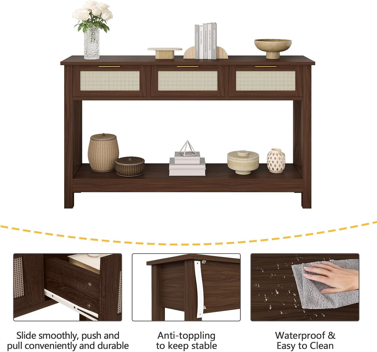 Luoxiao Console Table for Entryway with 3 Rattan Drawers Boho Entry Table with Storage Open Shelf, Narrow Long Sofa Tables for Living Room, Hallway, Foyer, Couch, Front Door, Walnut, 47 Inch