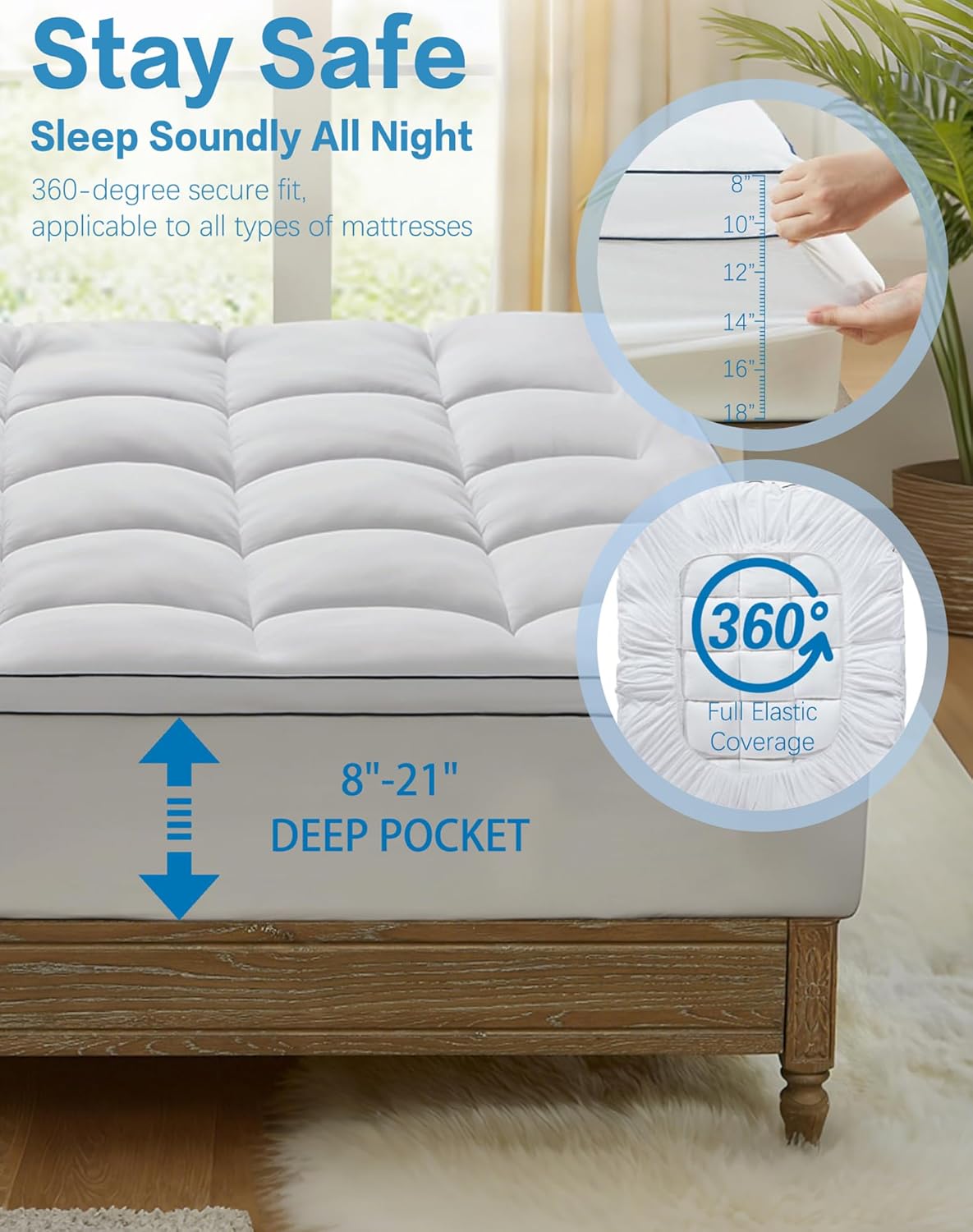 WestMonth Premium Quilted 1000GSM Luxury Extra Thick Mattress Topper with Deep Pocket (8-21") - Breathable & Fluffy Soft Cooling Bed Cover - Fits Standard Mattresses Perfectly (White, Queen)