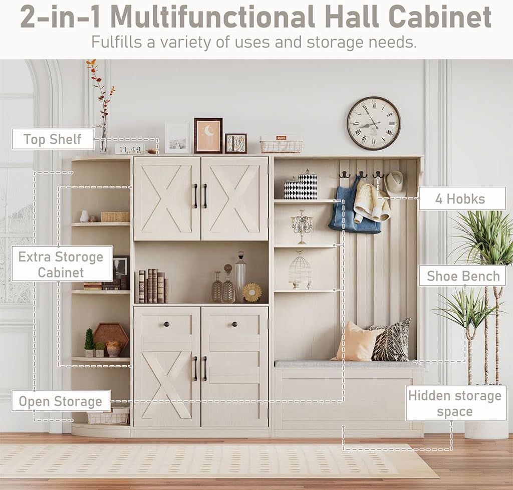79" Multifunctional Hall Cabinet with Hooks & Storage, Left-Right Combination Entryway Organizer with Bench, 5 Cabinets, 8 Shelves, Space-Saving Mudroom Coat Rack Cabinet,Beige