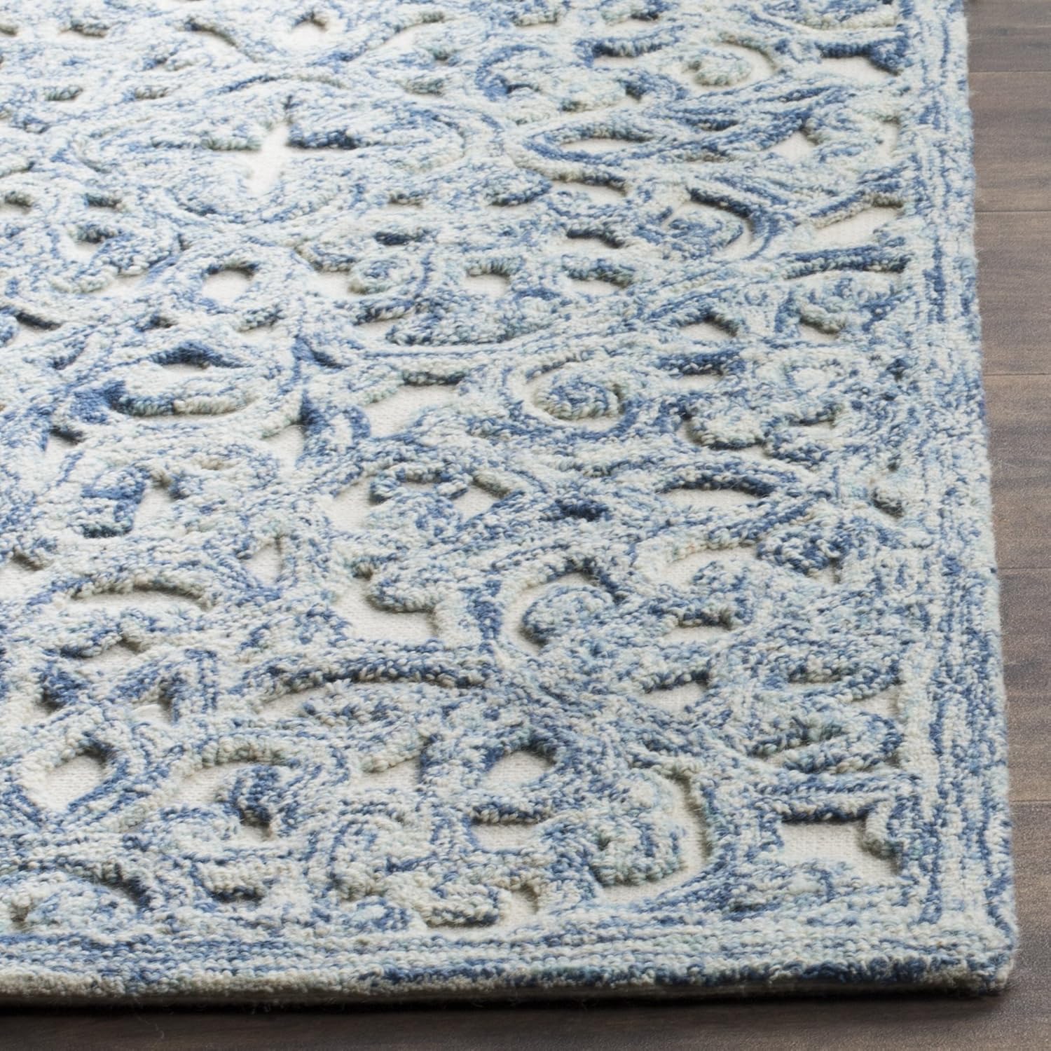 SAFAVIEH Trace Collection Area Rug - 9' x 12', Blue & Ivory, Handmade Wool, Ideal for High Traffic Areas in Living Room, Bedroom (TRC103B)