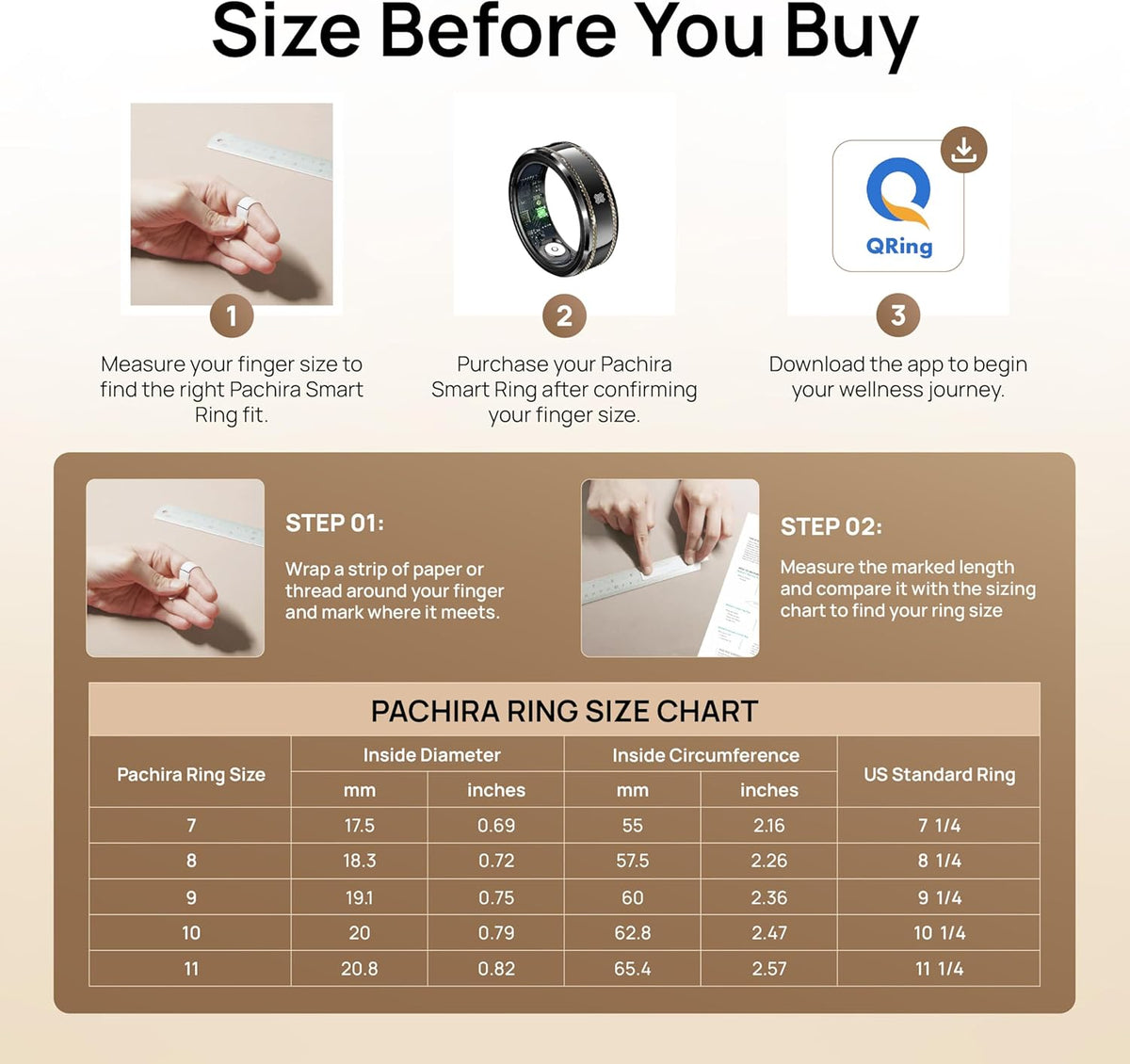 Pachira Smart Ring, Dual 14K Gold Inlays, Fitness/Sleep/Stress/Heart Rate/ SpO2 Tracker, No App Subscription, 7-Day Battery Life, Size Before You Buy, Black (US Size 7.25)