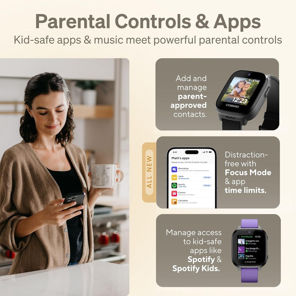 JrTrack 5 Kids Smart Watch by Cosmo | Best Kid-Safe Phone Watch | Precision Real-Time GPS Tracking | Call, Text, Activity, School Settings | Spotify Music | Parental Controls | SOS & Safety Alerts