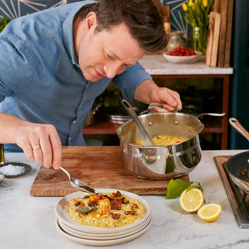 Jamie Oliver by T-fal Cook Smart 10-Piece Cookware Set, Uncoated Stainless Steel, Robust, Fast Heating, Even Cooking, Riveted Handle, Induction safe, Oven and dishwasher safe