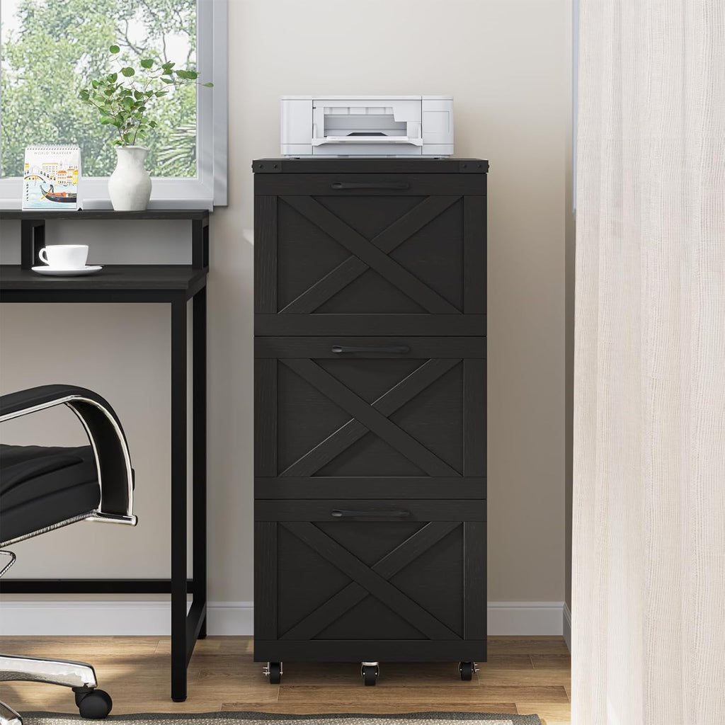 Halitaa 3 Drawer Tall File Cabinet with Wheels, Farmhouse Vertical Filing Cabinet Fits Letter/A4 Size, Rolling File Cabinets Wooden Printer Stand for Home Office, Black