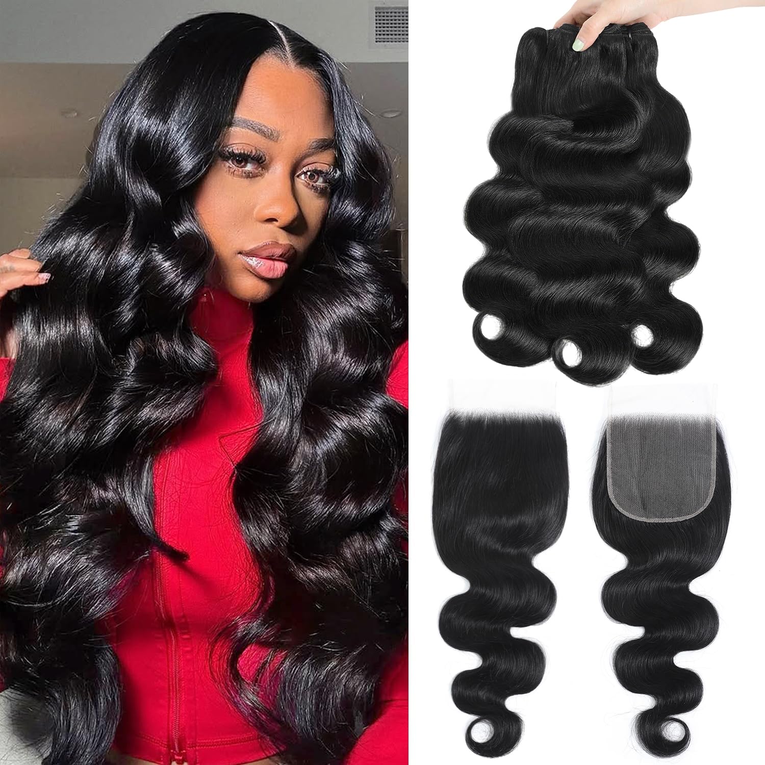 12A Body Wave Bundles with Closure 20 22 24+18Inch 5x5 HD Lace Closure 100% Brazilian Virgin Human Hair True to Length Quick Weave Natural Color Layered Look for Women Beginner Birthday Prom Party