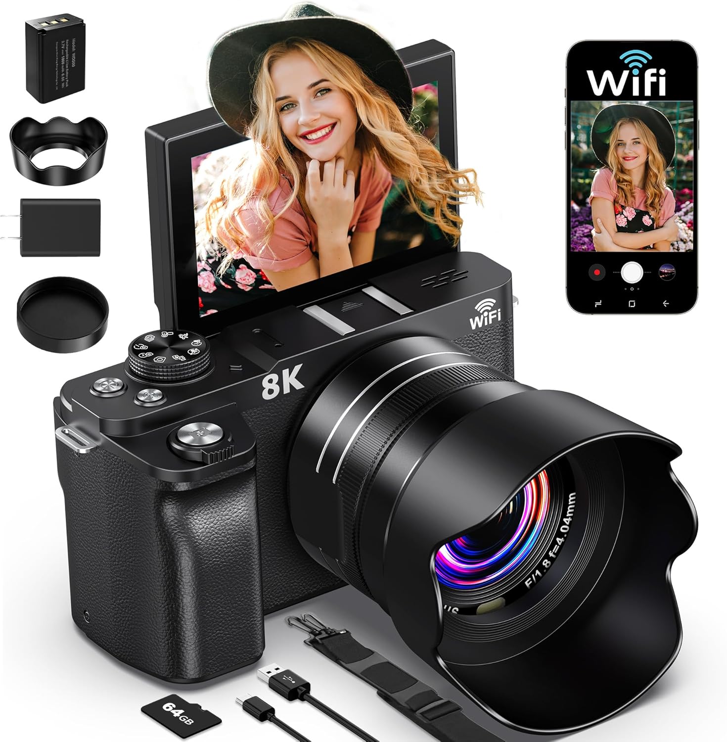 8K Digital Camera, 88MP Cameras for Photography, WiFi Vlogging Camera for YouTube with 3" 180° Flip Screen, 18X Zoom UHD Autofocus Video Camara with Lens Hood, 64GB Card