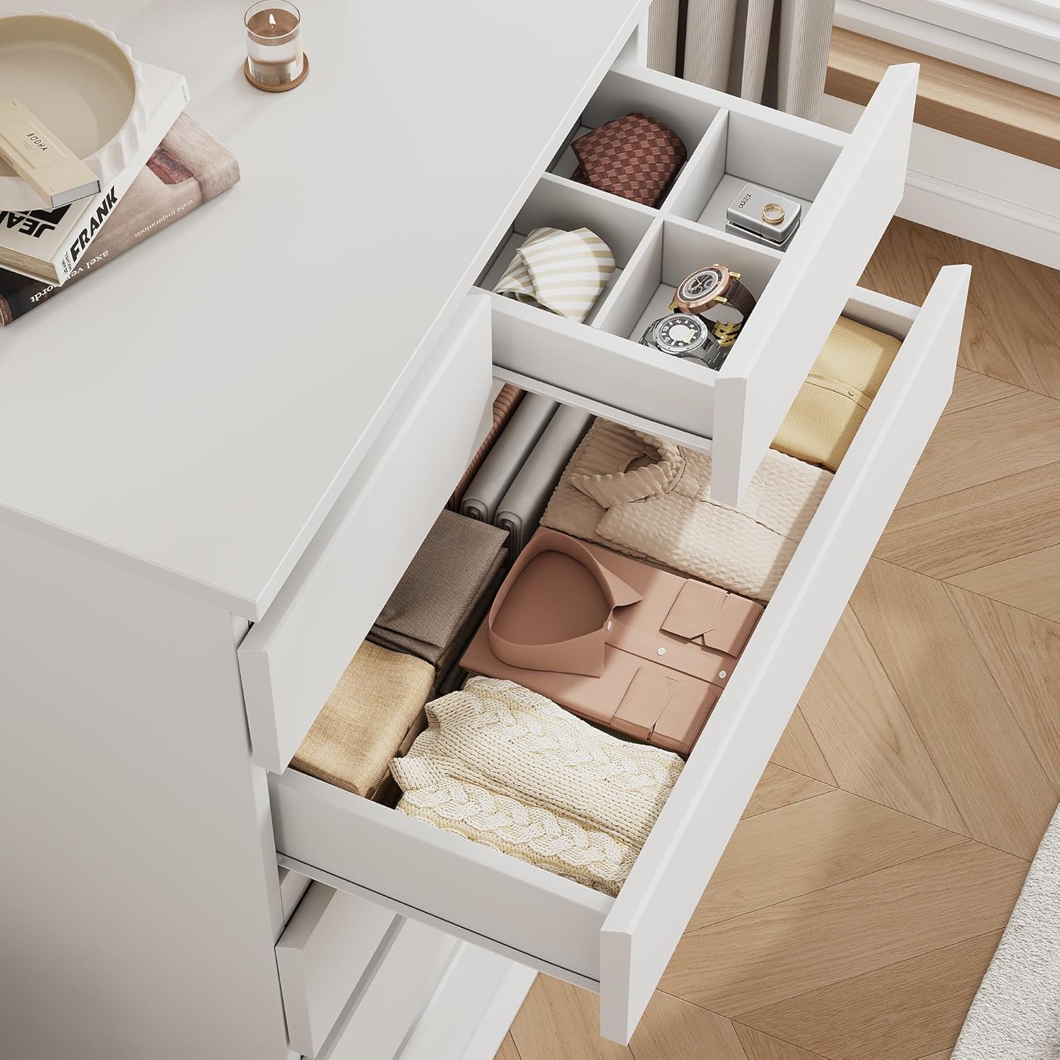 Jocoevol White Tall 6 Drawer Dresser for Bedroom,Dressers & Chests of Drawers with Jewelry Storage,Wood Storage Dresser with Deep Drawers for Living Room Hallway Entryway(40.75" L*23.62" W*15.75")