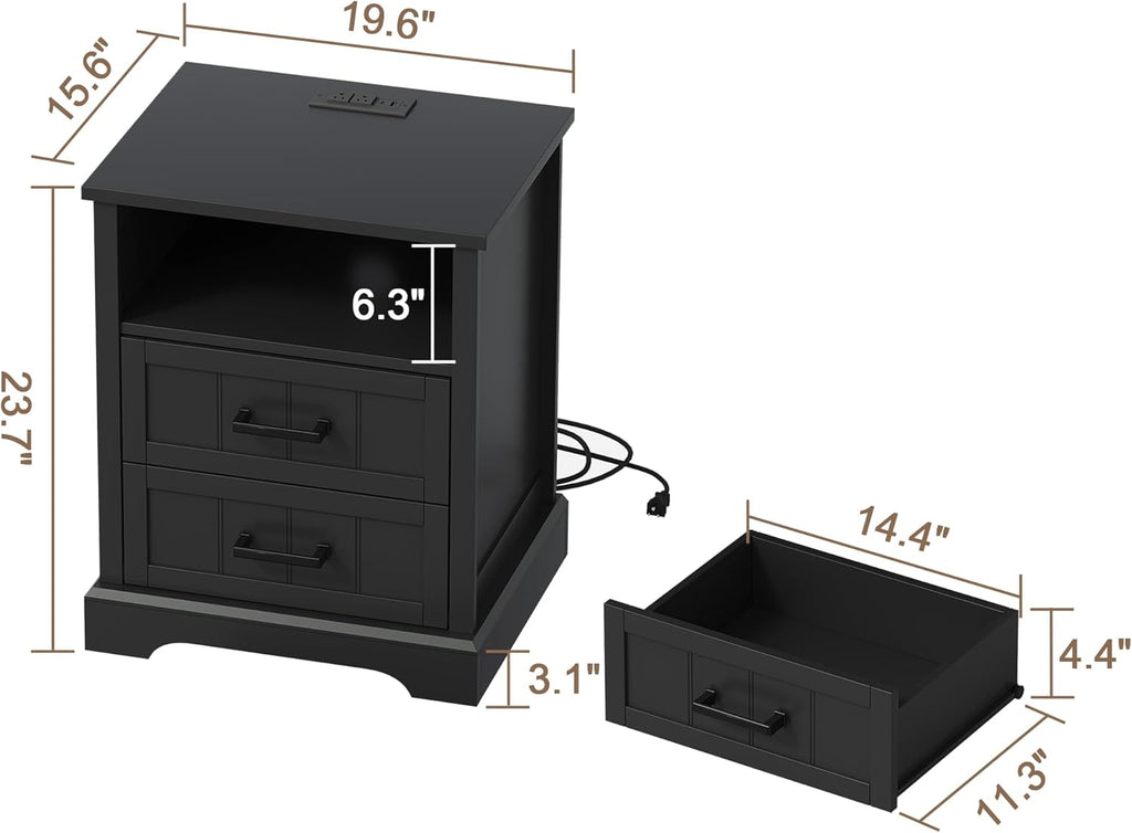 ChooChoo Farmhouse Night Stands with Charging Station, Wood Nightstand Set of 2 with 2 Drawers, Bedside Table with Open Storage Shelf for Bedroom, Black
