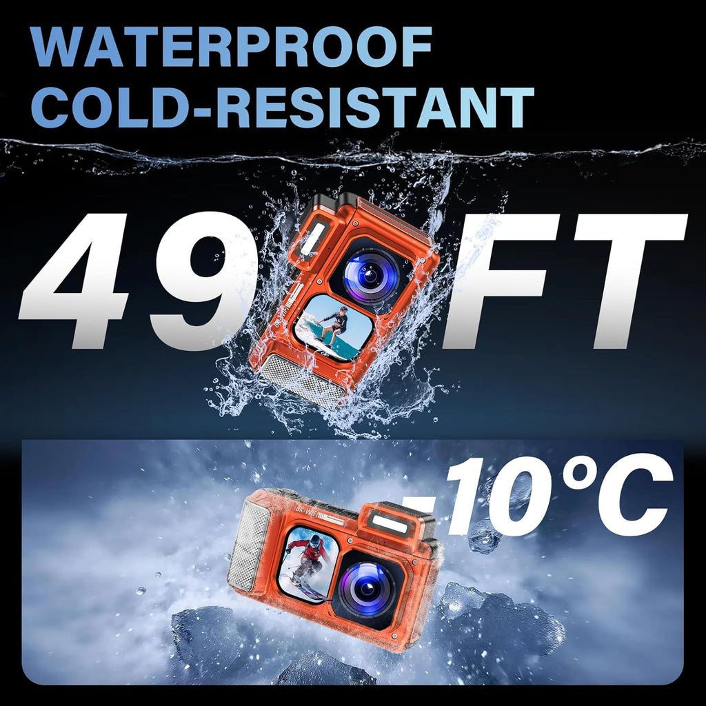 Maxmango V08 Pro 49FT Underwater Camera - 8K 90MP WiFi Waterproof Digital Camera with Touchscreen, Dustproof Shockproof Rugged Camera for Snorkeling, 64GB Point and Shoot Digital Digital Cam - Orange