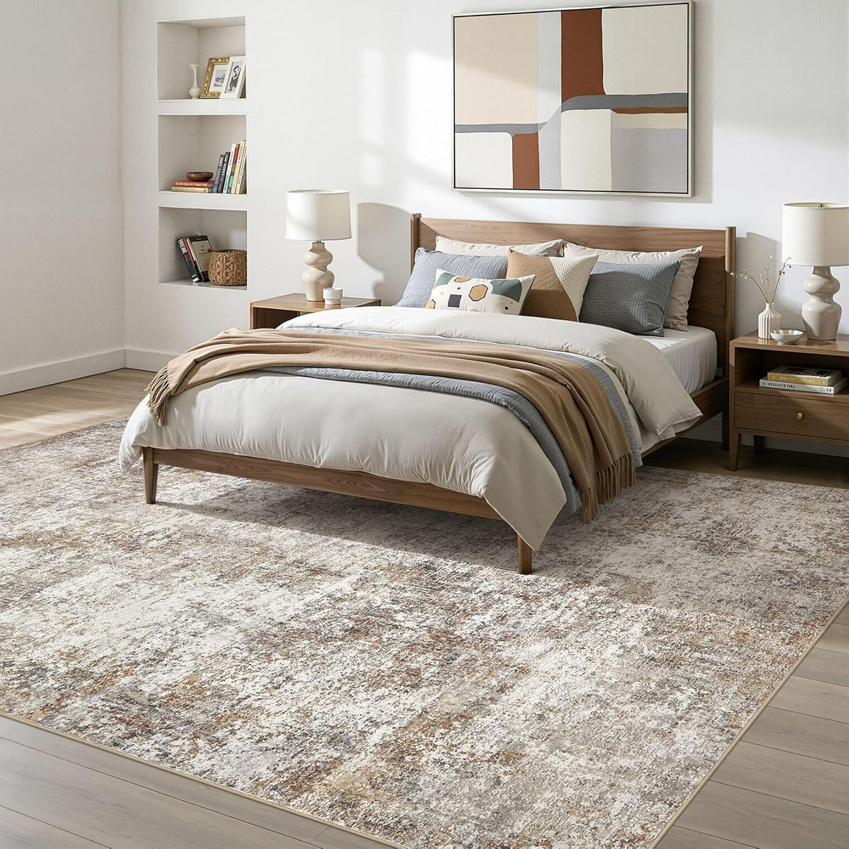 10x14 Area Rugs for Living Room: Washable Large Neutral Abstract Rug Soft Non Slip Stain Resistant Low Pile Indoor Carpet for Bedroom Dining Room Nursery Office Playroom - Brown Grey