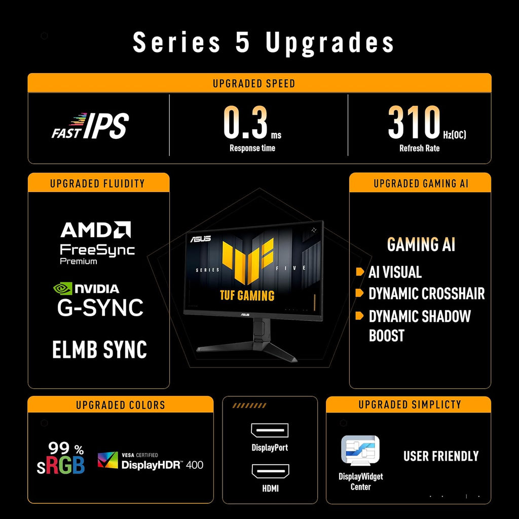 ASUS TUF Gaming Series 5 24.5” 1080P Gaming Monitor (VG259QMRL5A) - Full HD, Fast-IPS Panel, 310Hz, 0.3ms, DisplayHDR400, 99% sRGB, Height Adjustable, DisplayWidget, Gaming AI, 3 yr Warranty