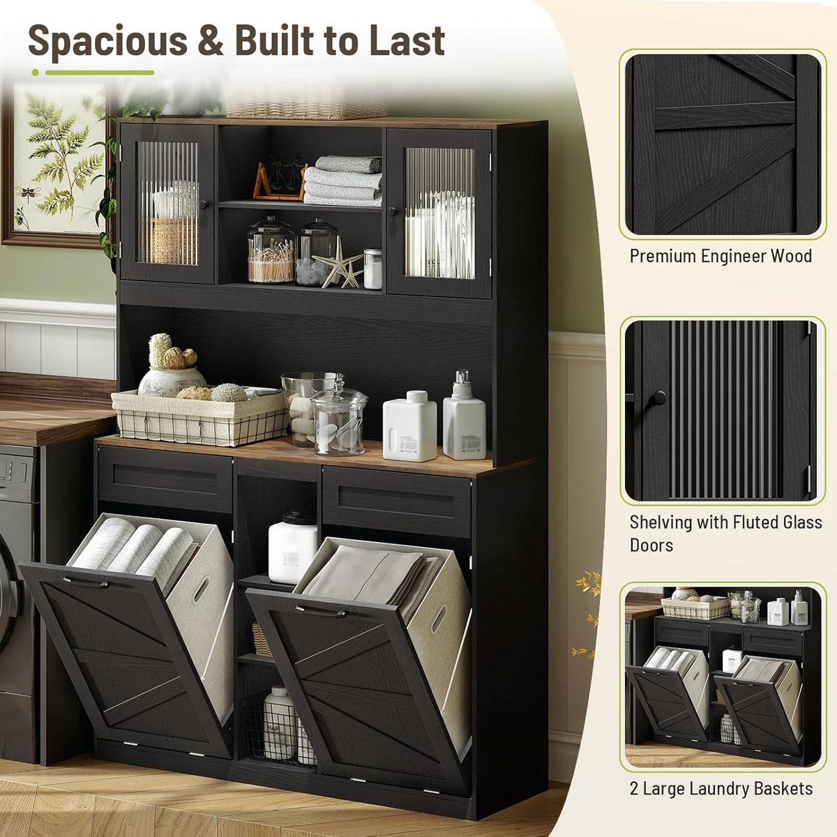 Tall Tilt-Out Double Laundry Hamper Cabinet with 2x11-Gallon Laundry Basket, Trash Bin Cabinet with Fluted Glass Doors, Farmhouse Wooden Bathroom Storage with Push Doors, Black and Walnut