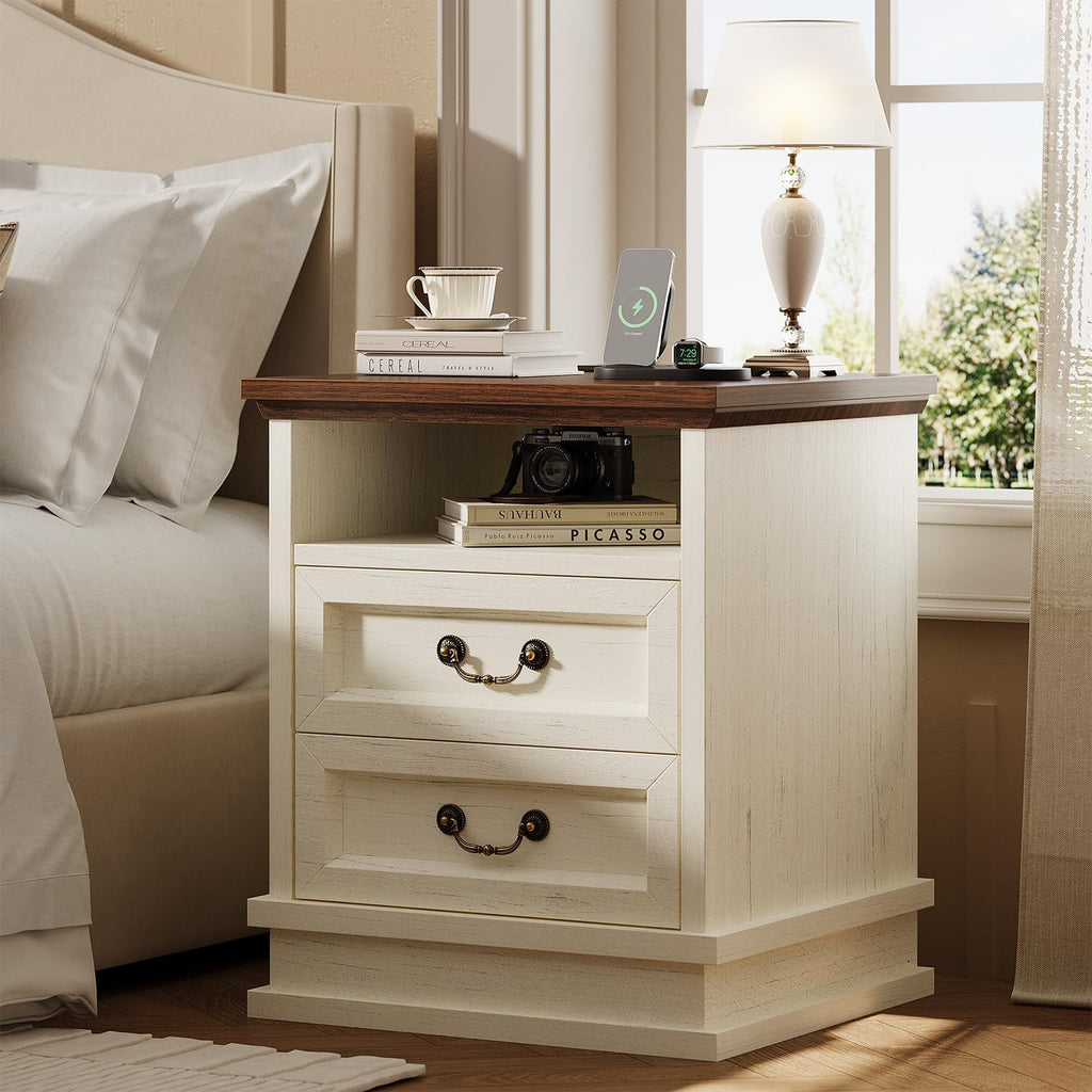 knoword 18'' Wide Farmhouse Nightstands with Charging Station, Wood Square Nightstand with 2 Large Drawers, Bedside Table, Rustic End Table for Bedroom, White