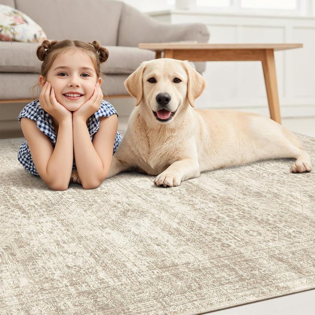 Soalmost 9x12 Area Rugs for Living Room, Non Slip Machine Washable Vintage Rugs, Low Pile Lightweight Large Rug for Bedroom, Dining Room, Home Office Beige