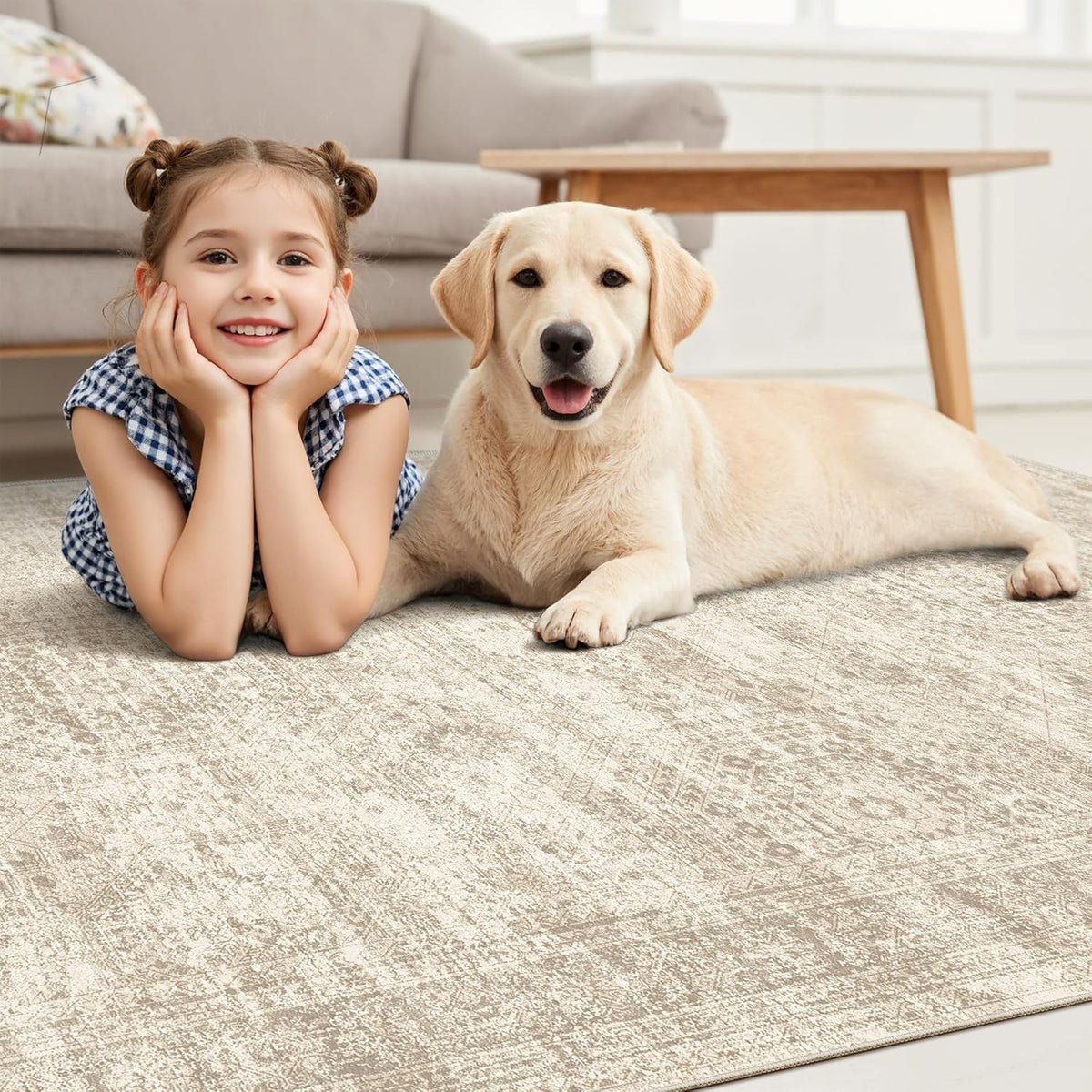 Soalmost 9x12 Area Rugs for Living Room, Non Slip Machine Washable Vintage Rugs, Low Pile Lightweight Large Rug for Bedroom, Dining Room, Home Office Beige