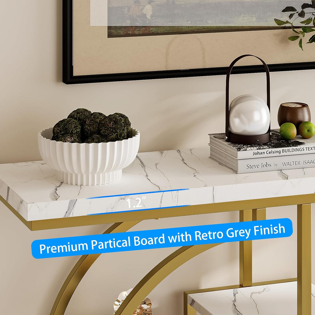 GiftGo Narrow Console Table for Entryway Industrial 4-Tier Sofa Table Behind Couch with Circle Base Rustic Wooden Accent Tables with Storage Shelves for Living Room, Hallway, Foyer (Gold and White)