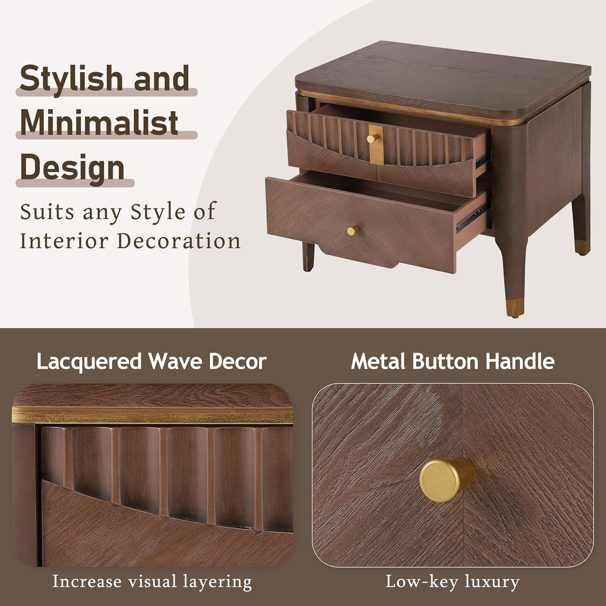 Christopher Knight Home Lehend Modern Rectangular Nightstand with Drawers, Bedside Table/End Table with Metal Button Handle for Bedroom/Living Room, Storage Cabinet with 2 Drawers, Brown