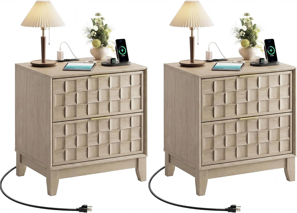 COLAMY Night Stand with Charging Station Set of 2, Modern Nightstand Bedside Table, Wooden 2 Drawers Dresser, with Chessboard Relief and Charger, for Bedroom, Living Room and Small Space - Oak