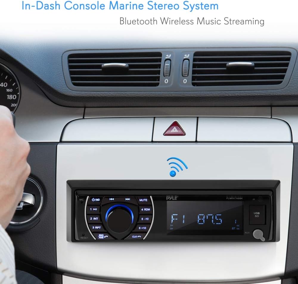 Pyle Marine Head Unit Receiver Speaker Kit - In-Dash LCD Digital Stereo Built-in Bluetooth & Microphone w/ AM FM Radio System 6.5'' Waterproof Speakers (4) MP3/SD Readers & Remote Control -PLMRKT48BK