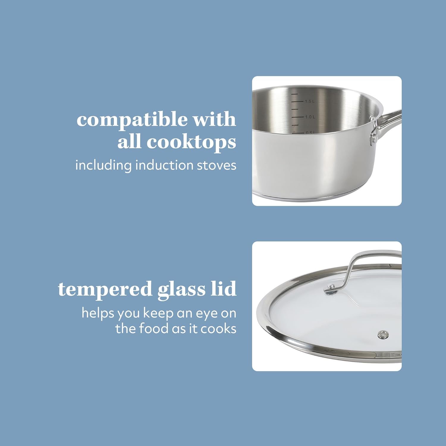Sur La Table Kitchen Essentials Chef's Deck 10 Piece Stainless Steel Non Toxic Pots and Pans Kitchen Cookware Set w/Triply Encapsulated Base - Induction Safe