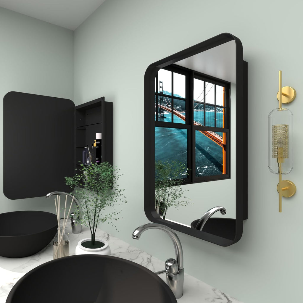 16”Wx24”H Farmhouse Framed Medicine Cabinet with Mirror, Matte Black Finish, Recessed or Surface Mount, Adjustable Shelves, Rounded Rectangle Bathroom Medicine Cabinet,Install Left or Right