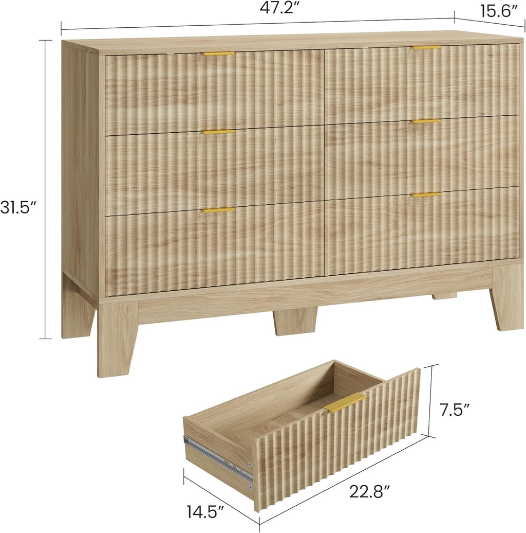 Garvee 6 Drawer Dresser for Bedroom, 47" Wide Fluted Chest of Drawers with Metal Handle, Modern Wooden Dresser TV Stand, Clothes Storage Organizer Wood Closet for Hallway, Entryway, Natural Oak