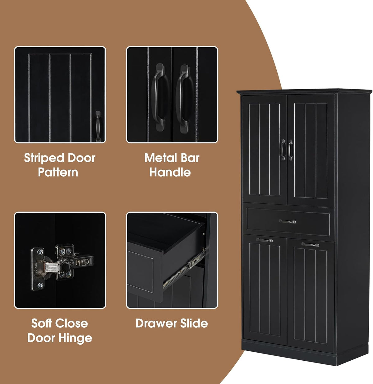 Virubi Tall Laundry Cabinet with 2 Tilt Out Laundry Hamper, Modern Wood Bathroom Storage Cabinet with Drawers, Doors and Adjustable Shelves for Home, Freestanding