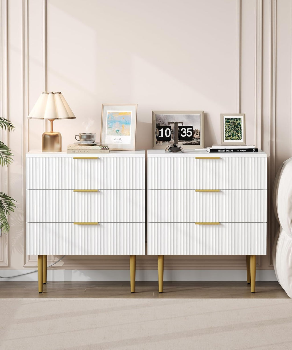 Akxomel 3 Drawer Nightstand with Charging Station, 23.2" W Large Fluted Night Stand, Modern Bedside Table with USB Ports and Outlets, for Bedroom, White and Gold
