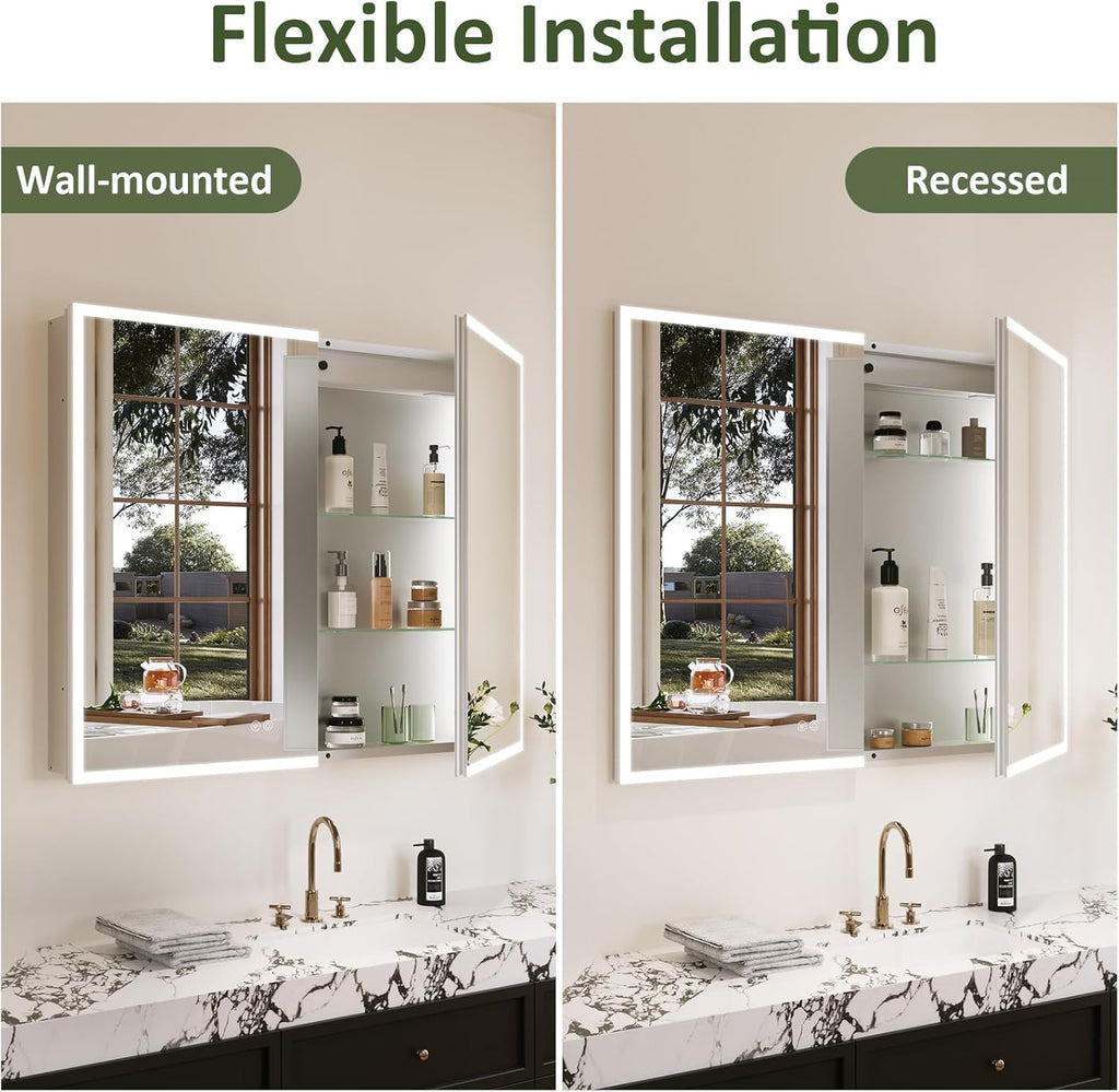 LED Medicine Cabinet Mirror 30x36 IN, Lighted Medicine Cabinet with 3-Colors Dimmable Light, Defog, Medicine Cabinet with Light Built-in 2-Compartment, Sensing Light, 2 Outlets, Recessed or Wall Mount