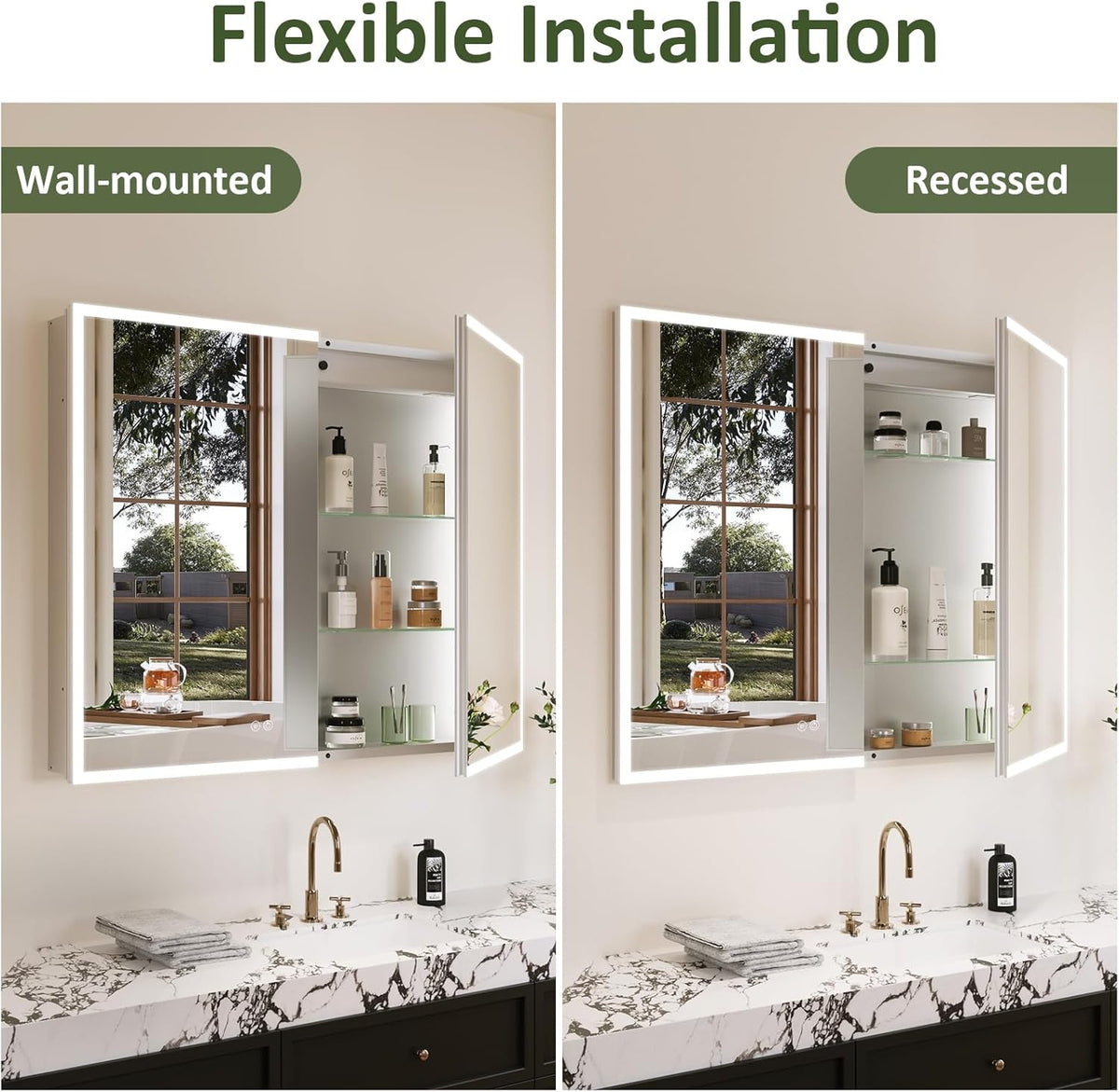 LED Medicine Cabinet Mirror 30x36 IN, Lighted Medicine Cabinet with 3-Colors Dimmable Light, Defog, Medicine Cabinet with Light Built-in 2-Compartment, Sensing Light, 2 Outlets, Recessed or Wall Mount