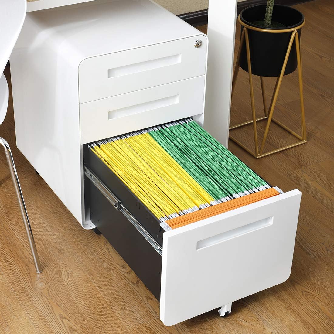 Garvee 3 Drawer File Cabinet with Lock, Under Desk Mobile Metal Filing Cabinet for Home Office, 5 Wheel Anti-Tilt Rolling File Cabinets for A4/Letter/Legal Size, Fully Assembled