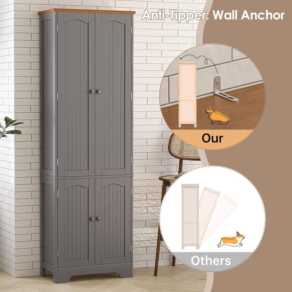 4 Door Pantry -72.2'' Kitchen Cabinet with Adjustable Shelves, Freestanding Cupboard, Tall Storage Cabinets for Dining Room, Living Room, Laundry, Bathroom, Entryway, Grey