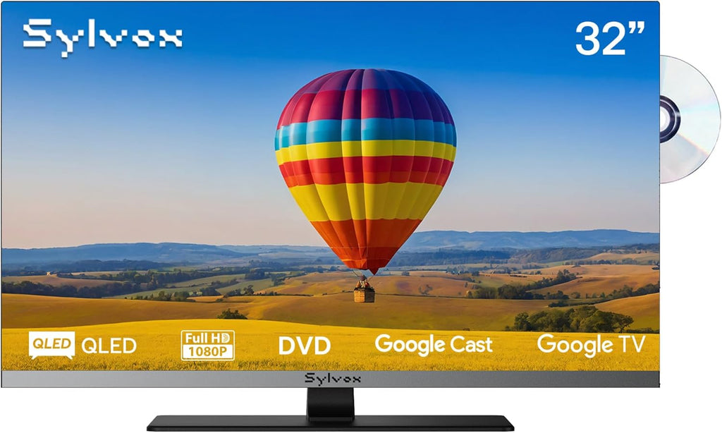 SYLVOX 32" 12V/24V Smart RV TV with Google TV & Built-in DVD Player, Frameless 1080P Full HD QLED Display, Shock-Resistant, Wide Voltage Support (9–32V), Voice Control Remote (Limo QLED Series)