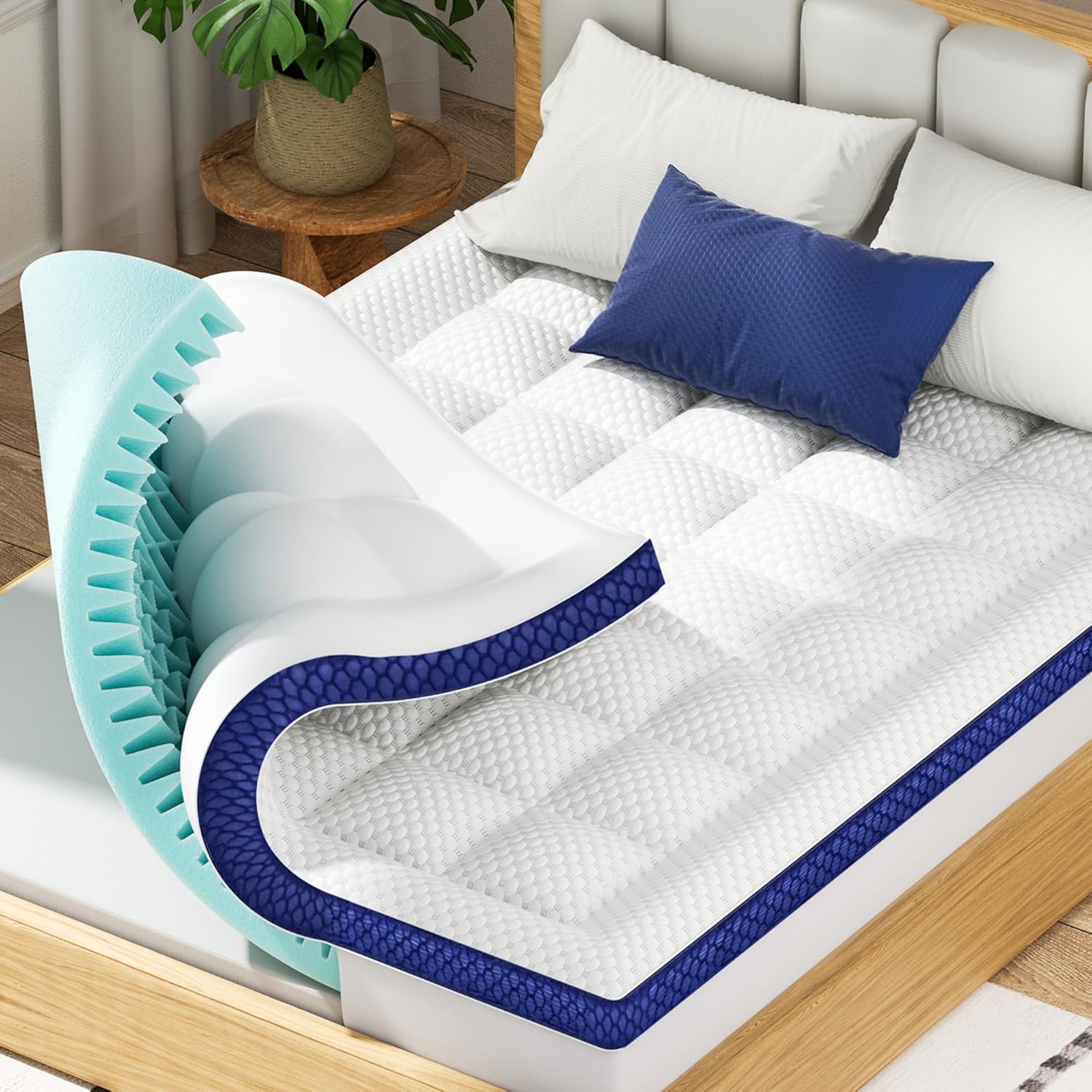 BEDELITE King Dual Layer 4 Inch Memory Foam Mattress Topper, 2 Inch Soft Pillow Top Mattress Pad Cover and 2 Inch Gel Memory Foam for Pressure Relief, 2-in-1 Design for Comfort & Support