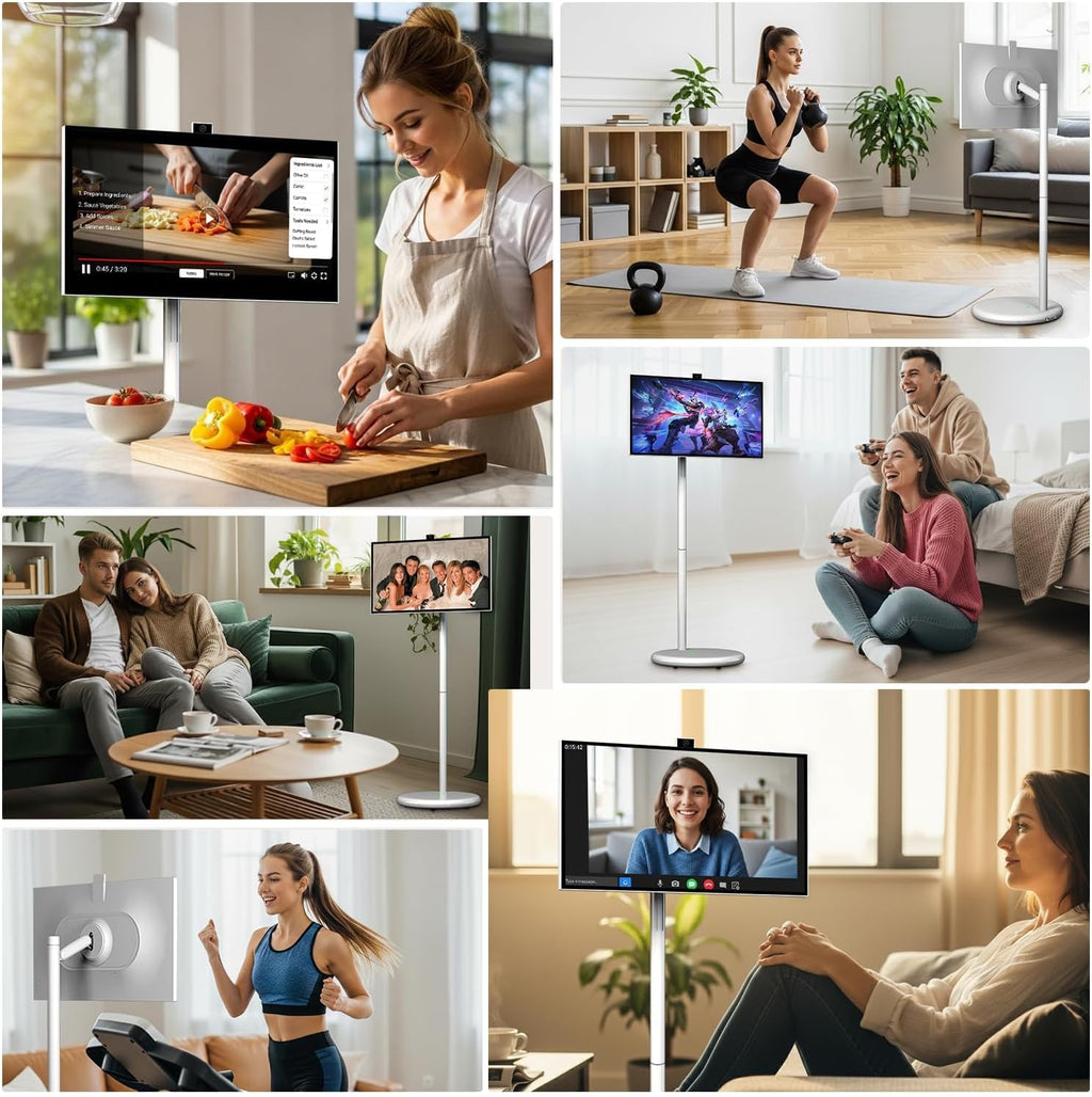27" Portable Smart Touchscreen Tablet TV on Wheels, Android 15 OS Mobile Smart Display with Google EDLA Certification, 6GB+128GB, Built-in Battery, 4K Camera, Wireless Casting, Rotating Rolling Stand