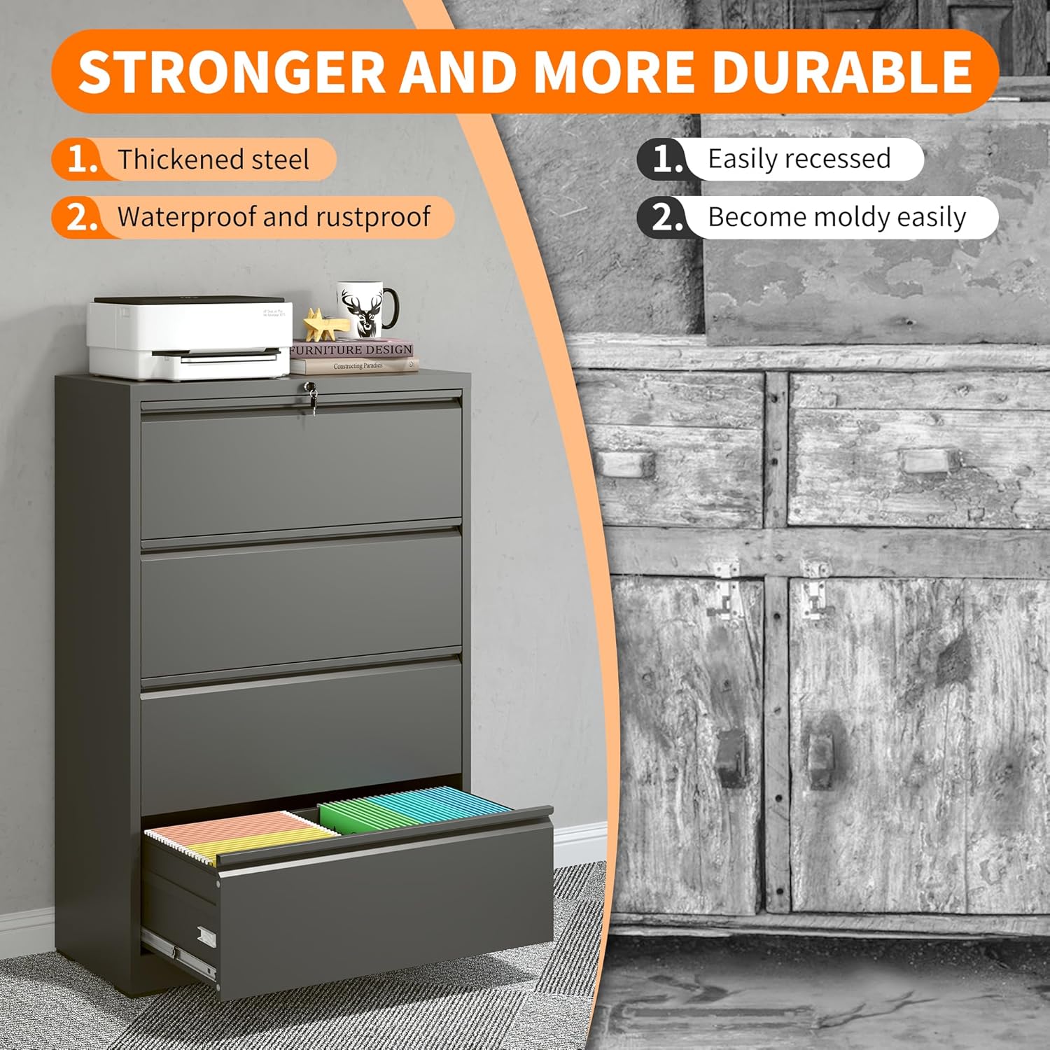 4 Drawer Lateral File Cabinet with Lock Heavy Duty Large Metal Filing Cabinet Home Office Cabinets Wide Steel Cabinets for Legal/Letter Size,Assembly Required
