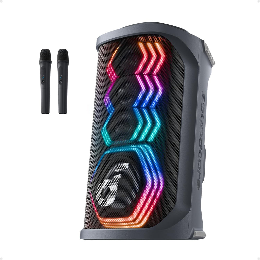soundcore Rave 3S AI Party Speaker with 2 Wireless Microphones, 200W Sound, AI Vocal Removal, Reverb, Light Show, 12H Playtime, Portable Bluetooth PA System for Home, Party, or Backyard (Renewed)