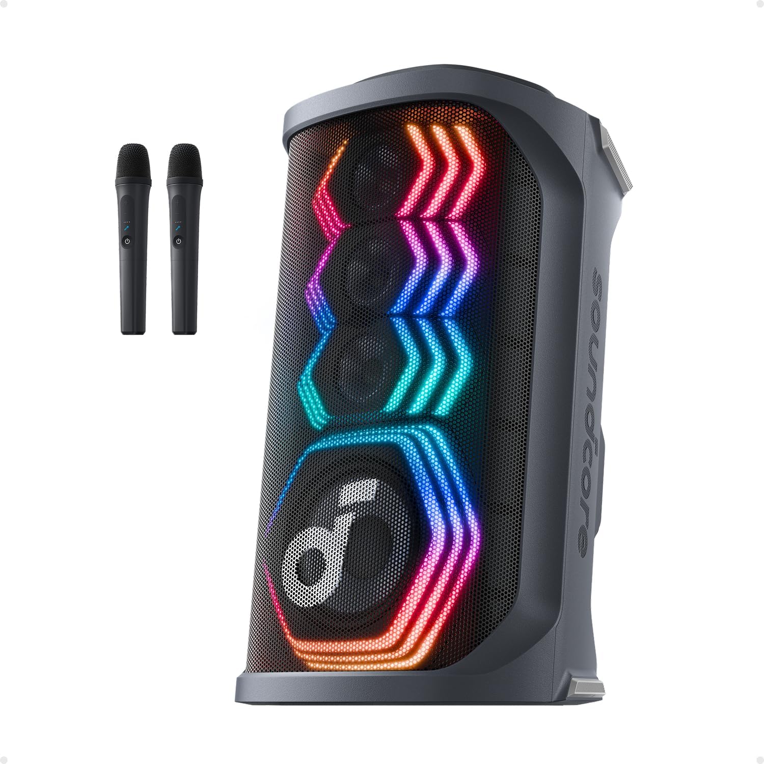soundcore Rave 3S AI Party Speaker with 2 Wireless Microphones, 200W Sound, AI Vocal Removal, Reverb, Light Show, 12H Playtime, Portable Bluetooth PA System for Home, Party, or Backyard (Renewed)