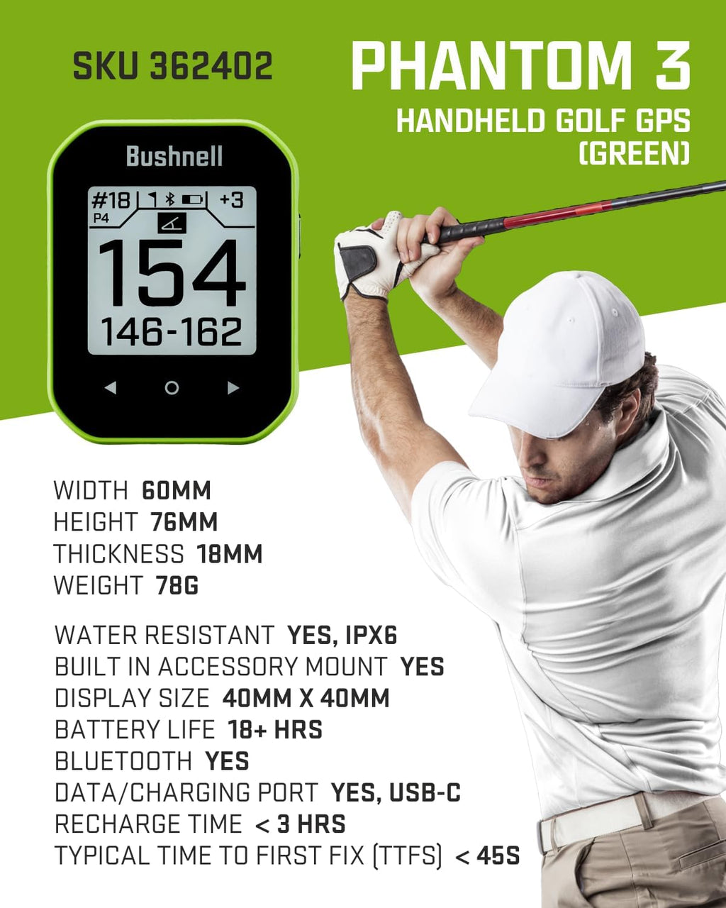 Bushnell Phantom 3 Slope GPS Golf Green with Slope Technology, Touchscreen, Magnetic Cart Mount with Wearable4U Towel Bundle, 60x76x18 mm, 362402