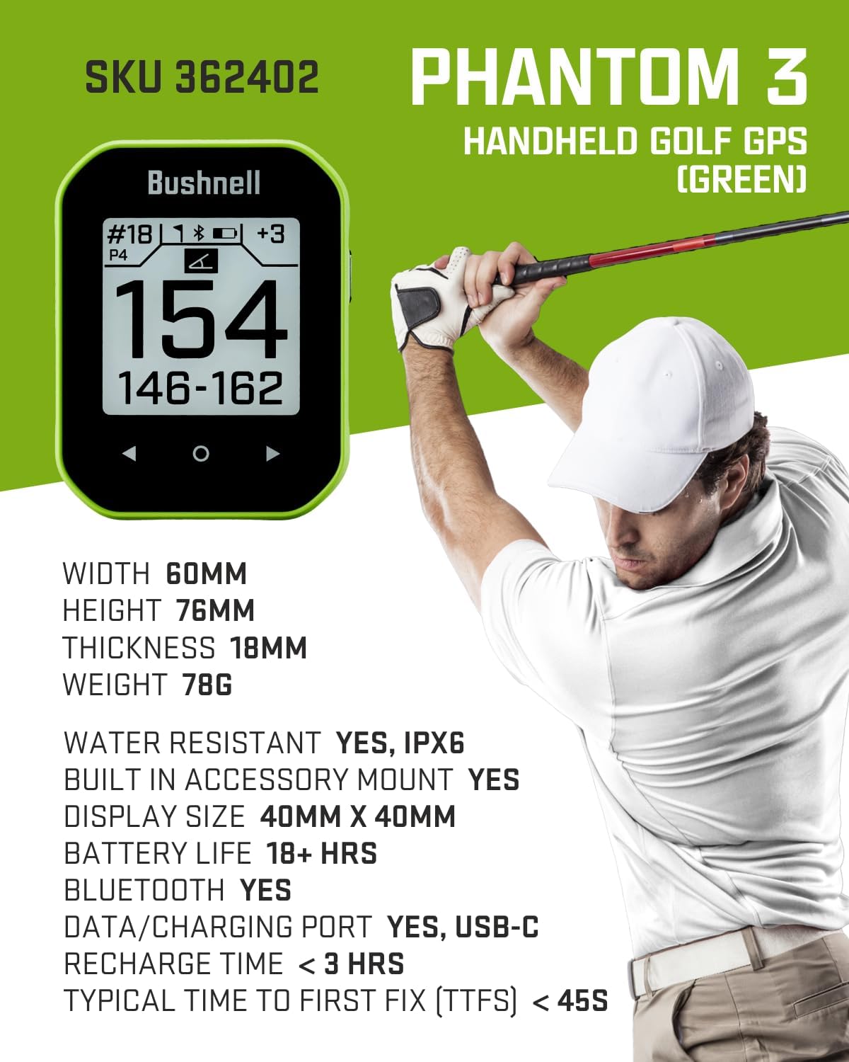 Bushnell Phantom 3 Slope GPS Golf Green with Slope Technology, Touchscreen, Magnetic Cart Mount with Wearable4U Towel Bundle, 60x76x18 mm, 362402